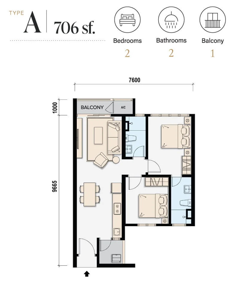 M Aspira Type A 706sqft 2-bedroom floor plan
