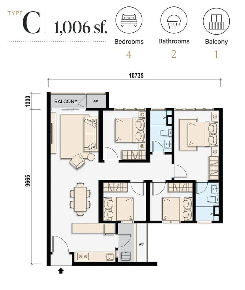 M Aspira Type C 1006sqft 3-bedroom floor plan